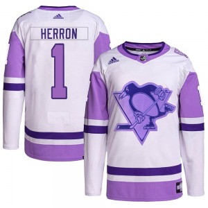 Denis Herron Pittsburgh Penguins Adidas Authentic Hockey Fights Cancer Primegreen Jersey (White/Purple)