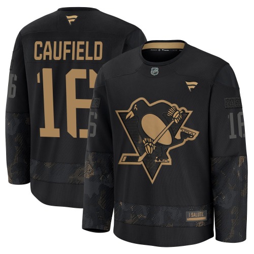 Jay Caufield Pittsburgh Penguins Fanatics Youth Premium 2024 Military Appreciation Practice Jersey (Black)